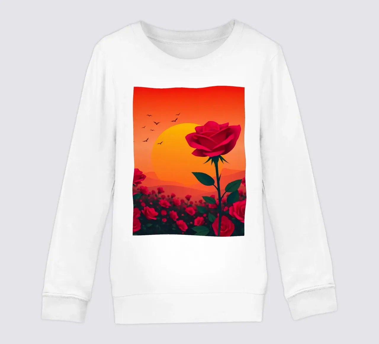 Un tramonto su un campo di rose rosse con silhouette di uccelli felpa bambino da DesignDoodle