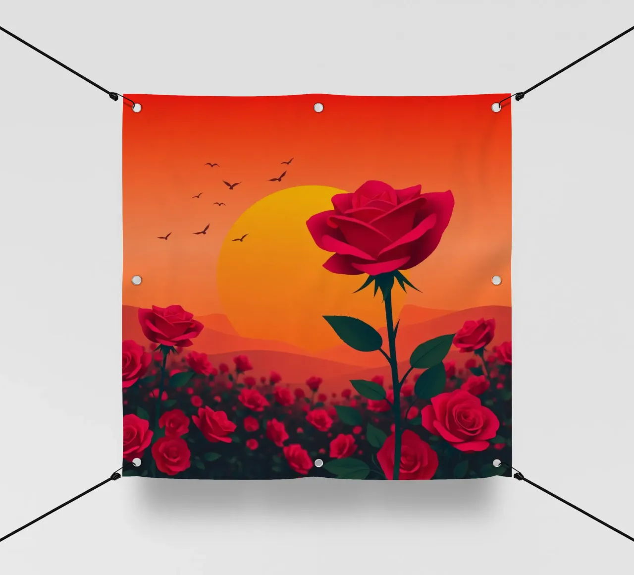 Un tramonto su un campo di rose rosse con silhouette di uccelli telo in pvc da DesignDoodle