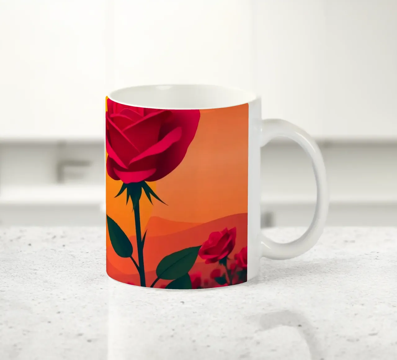 Un tramonto su un campo di rose rosse con silhouette di uccelli tazza in ceramica da DesignDoodle