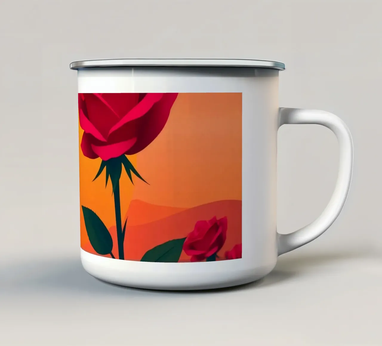 Un tramonto su un campo di rose rosse con silhouette di uccelli tazza in smalto da DesignDoodle