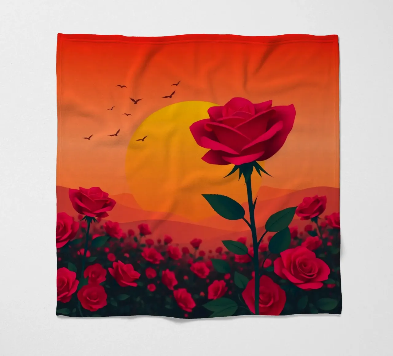 Un tramonto su un campo di rose rosse con silhouette di uccelli coperta in pile da DesignDoodle