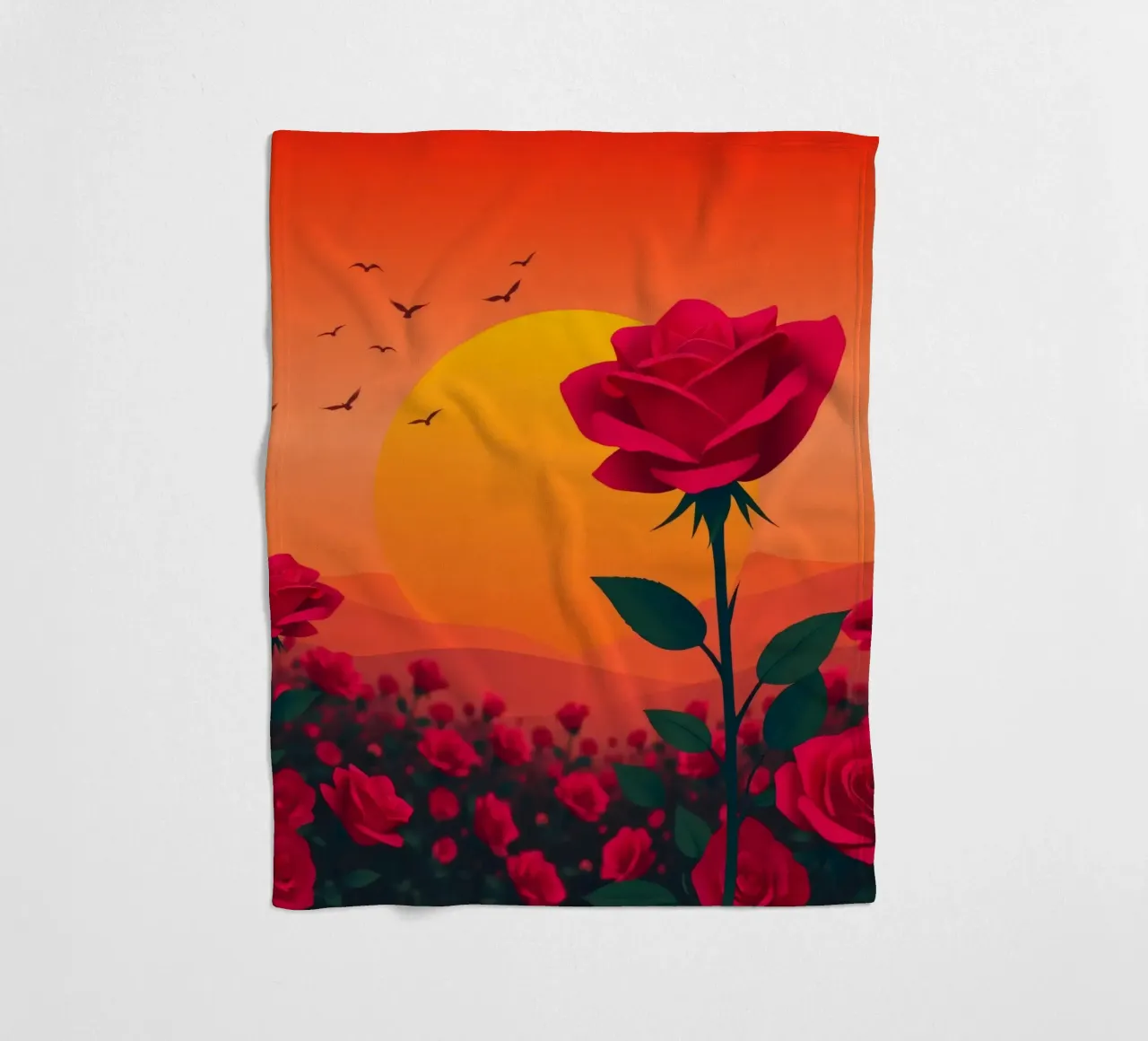 Un tramonto su un campo di rose rosse con silhouette di uccelli coperta in pile da DesignDoodle
