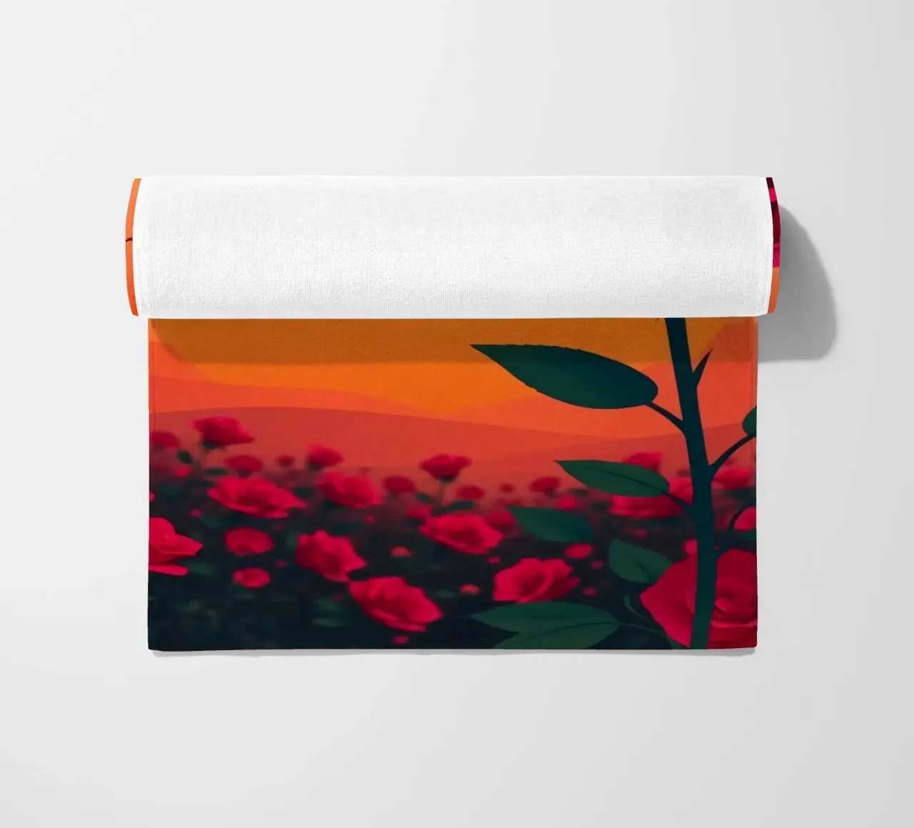 Un tramonto su un campo di rose rosse con silhouette di uccelli telo mare da DesignDoodle