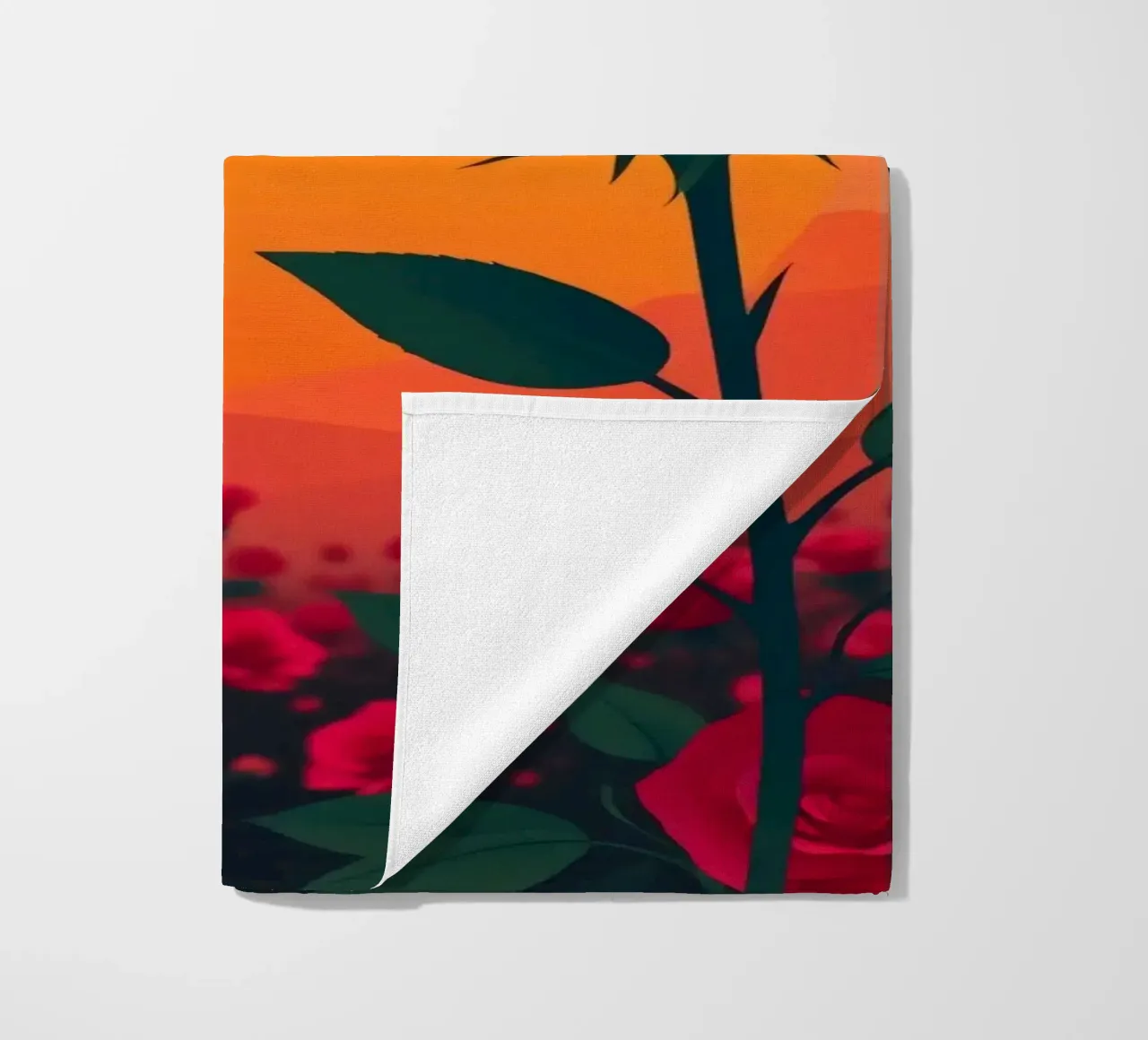 Un tramonto su un campo di rose rosse con silhouette di uccelli telo mare da DesignDoodle