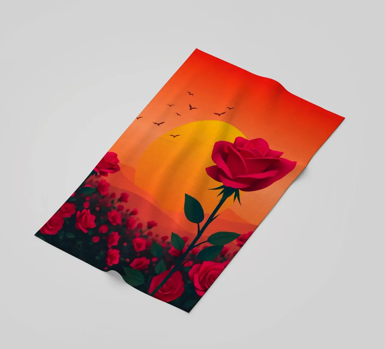 Un tramonto su un campo di rose rosse con silhouette di uccelli telo mare da DesignDoodle