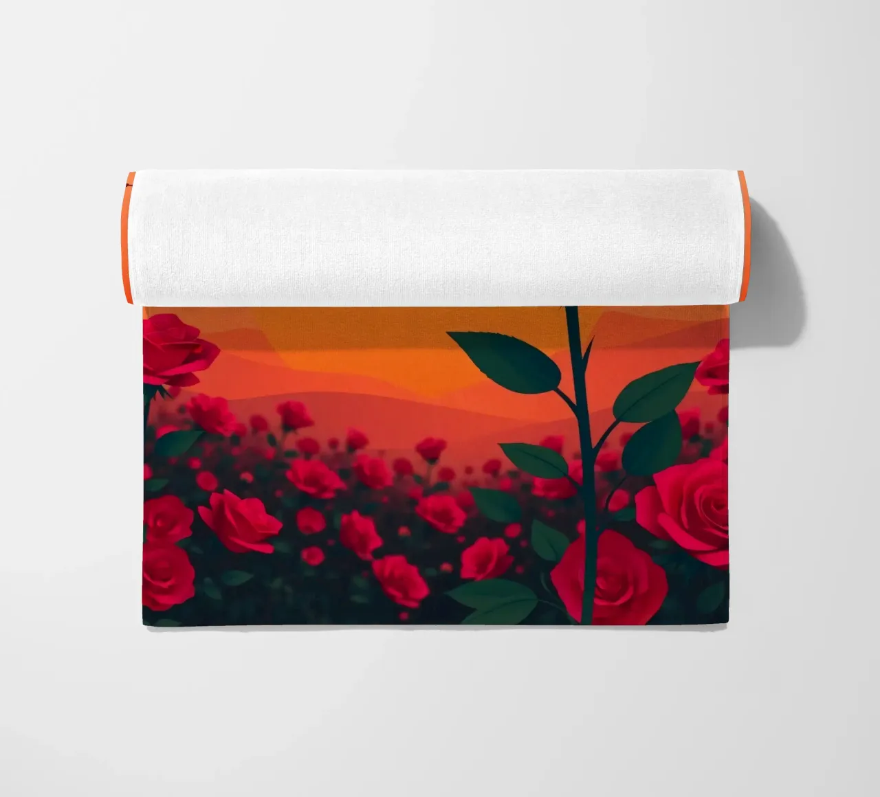 Un tramonto su un campo di rose rosse con silhouette di uccelli telo mare da DesignDoodle