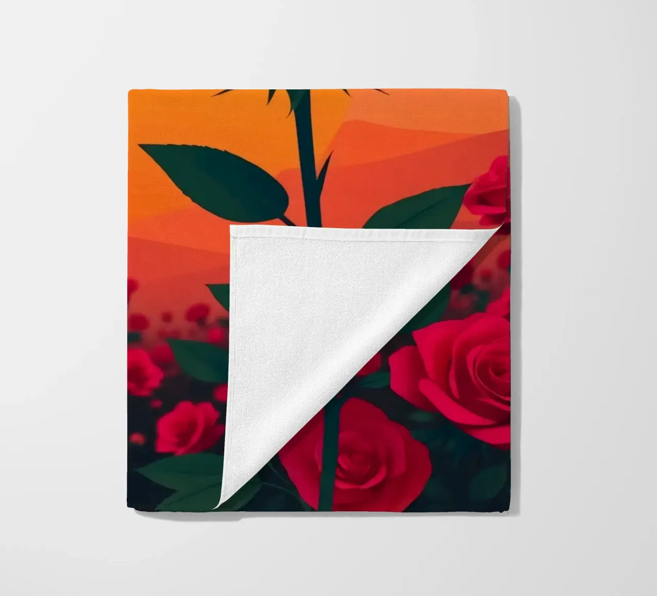 Un tramonto su un campo di rose rosse con silhouette di uccelli telo mare da DesignDoodle