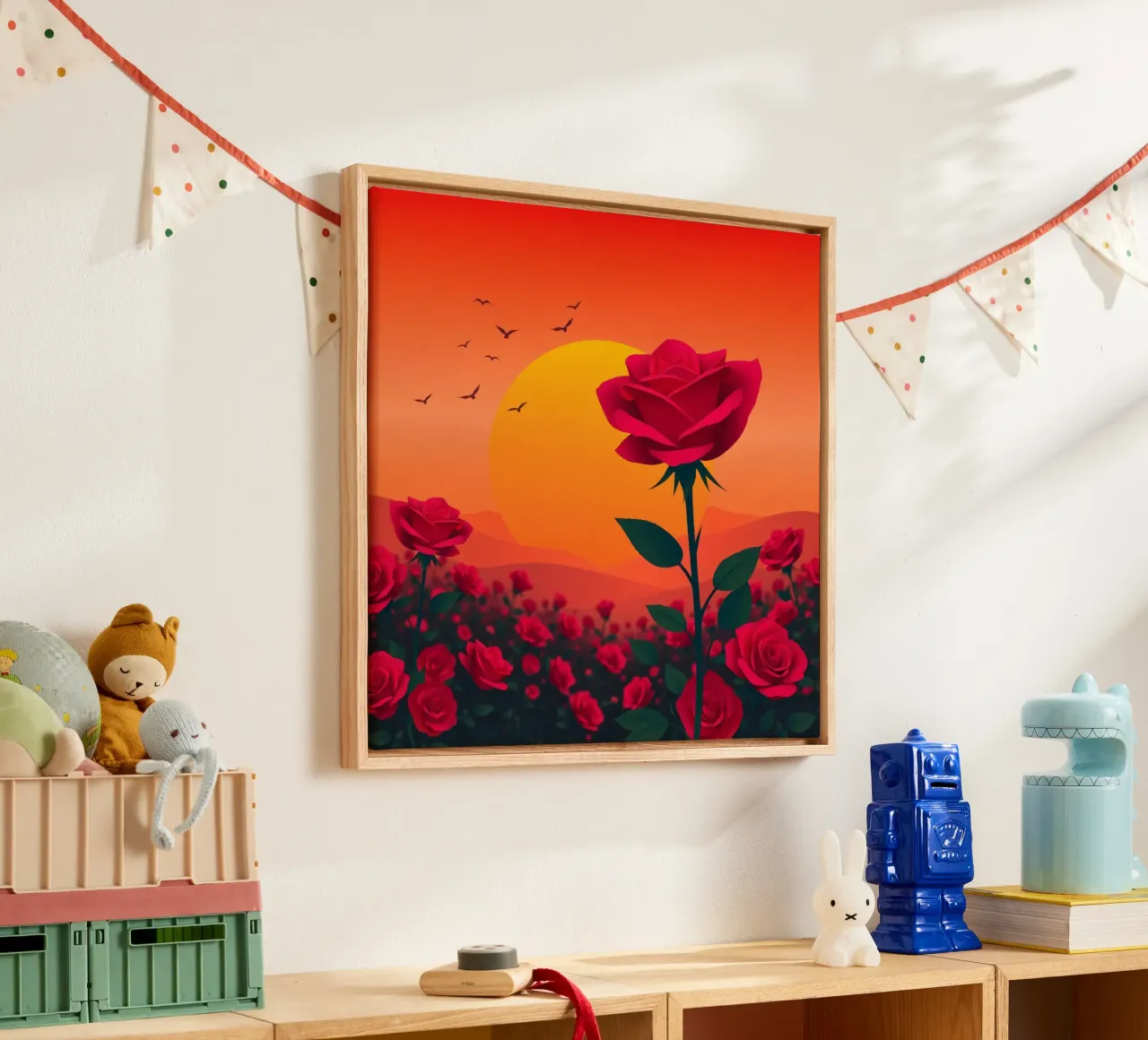 Un tramonto su un campo di rose rosse con silhouette di uccelli tela con Cornice a cassetta da DesignDoodle