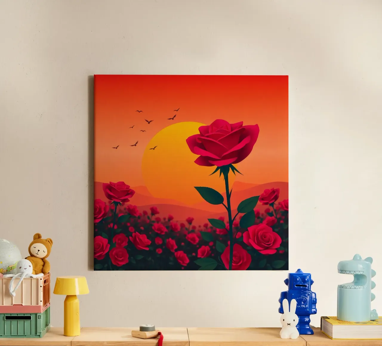 Un tramonto su un campo di rose rosse con silhouette di uccelli tela con Cornice a cassetta da DesignDoodle
