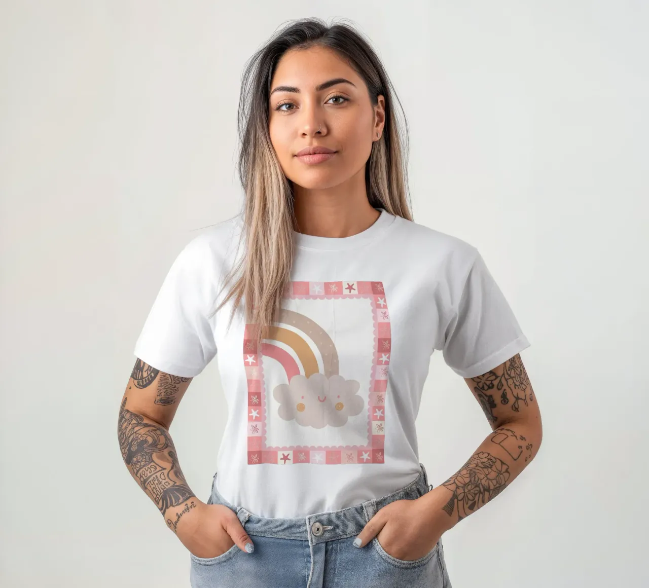 Boho Kids Print, Vrolijke Wolk Regenboog Poster t-shirt van SunshinePrints