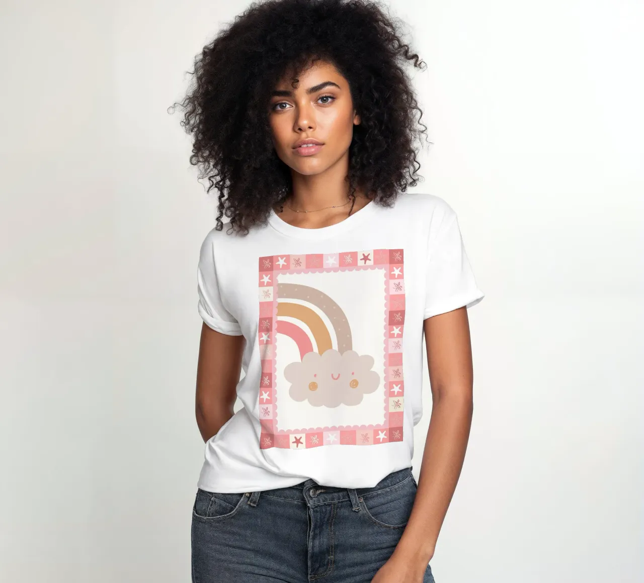 Boho Kids Print, Happy Cloud Rainbow Poster women's fitted t-shirt by SunshinePrints