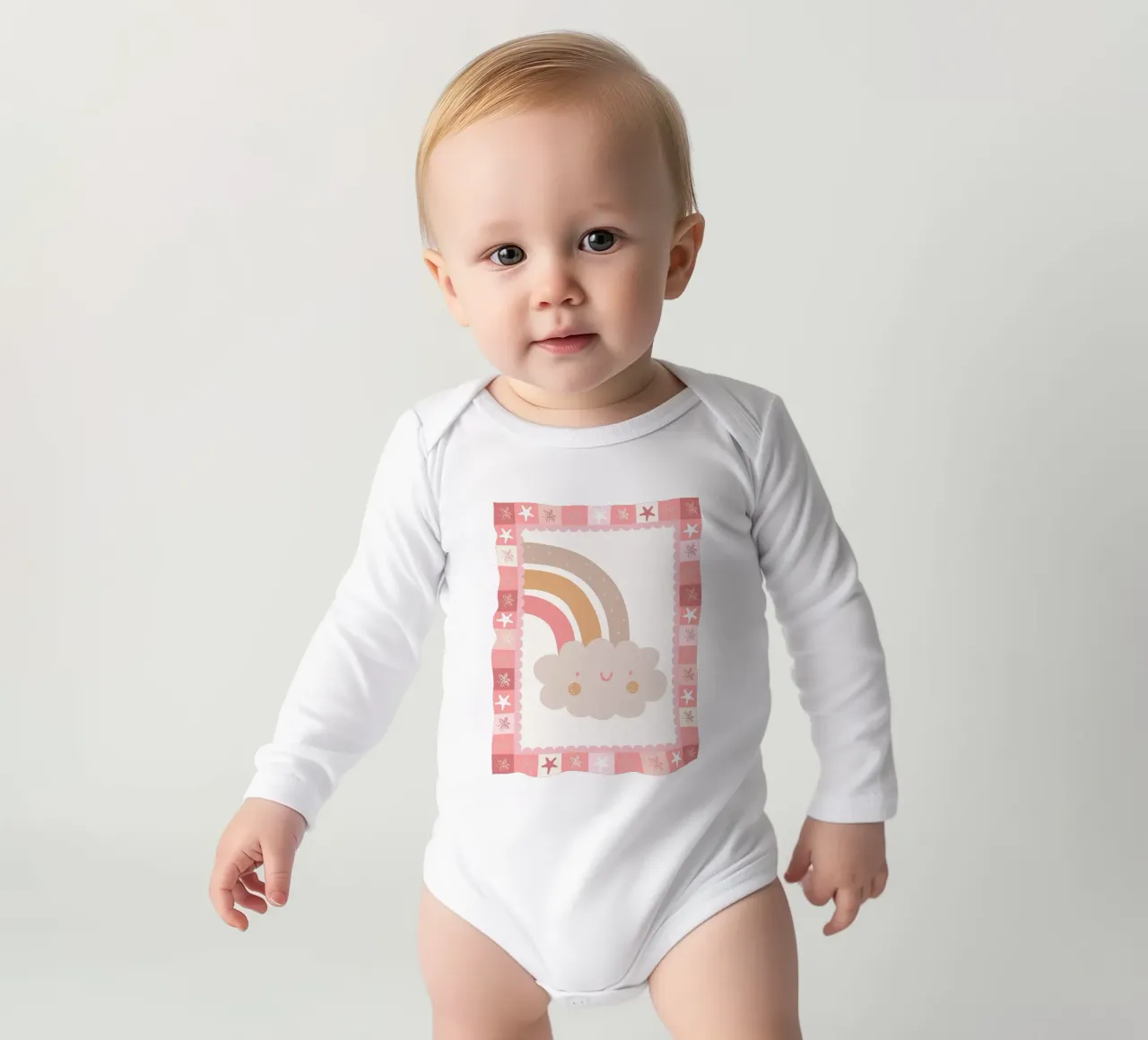Boho Kids Print, Happy Cloud Rainbow Poster long-sleeve baby romper by SunshinePrints