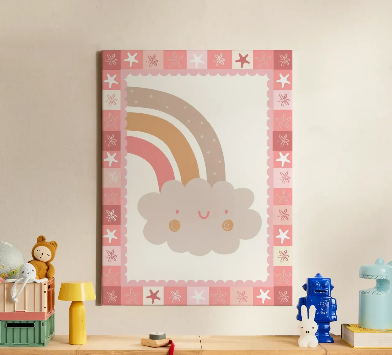 Stampa Boho per bambini, Poster Arcobaleno Nuvola Felice tela con Cornice a cassetta da SunshinePrints