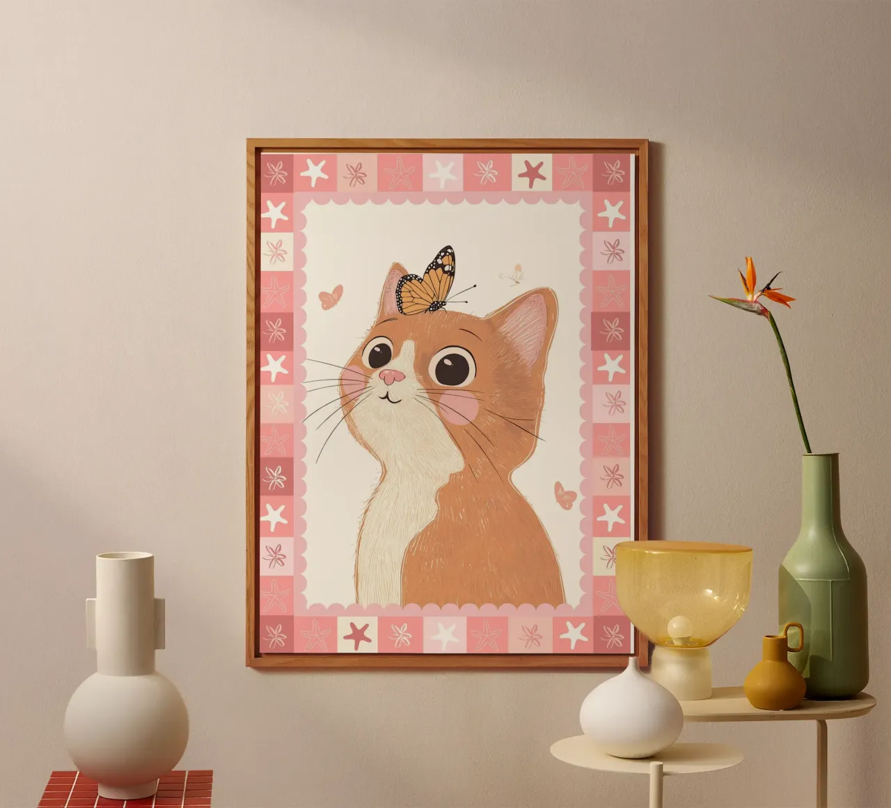 Cute Cat with Butterfly, Nursery Print, Kids Wall Art alu-dibond by SunshinePrints