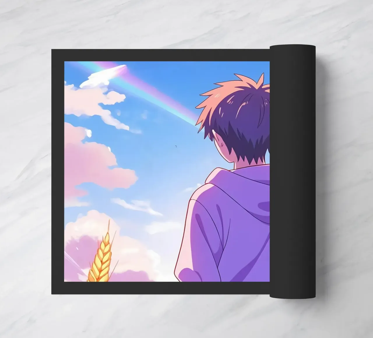 Un ragazzo in piedi in un campo di grano aperto in una giornata di sole Lofi Art zerbino da LoFi Gallery