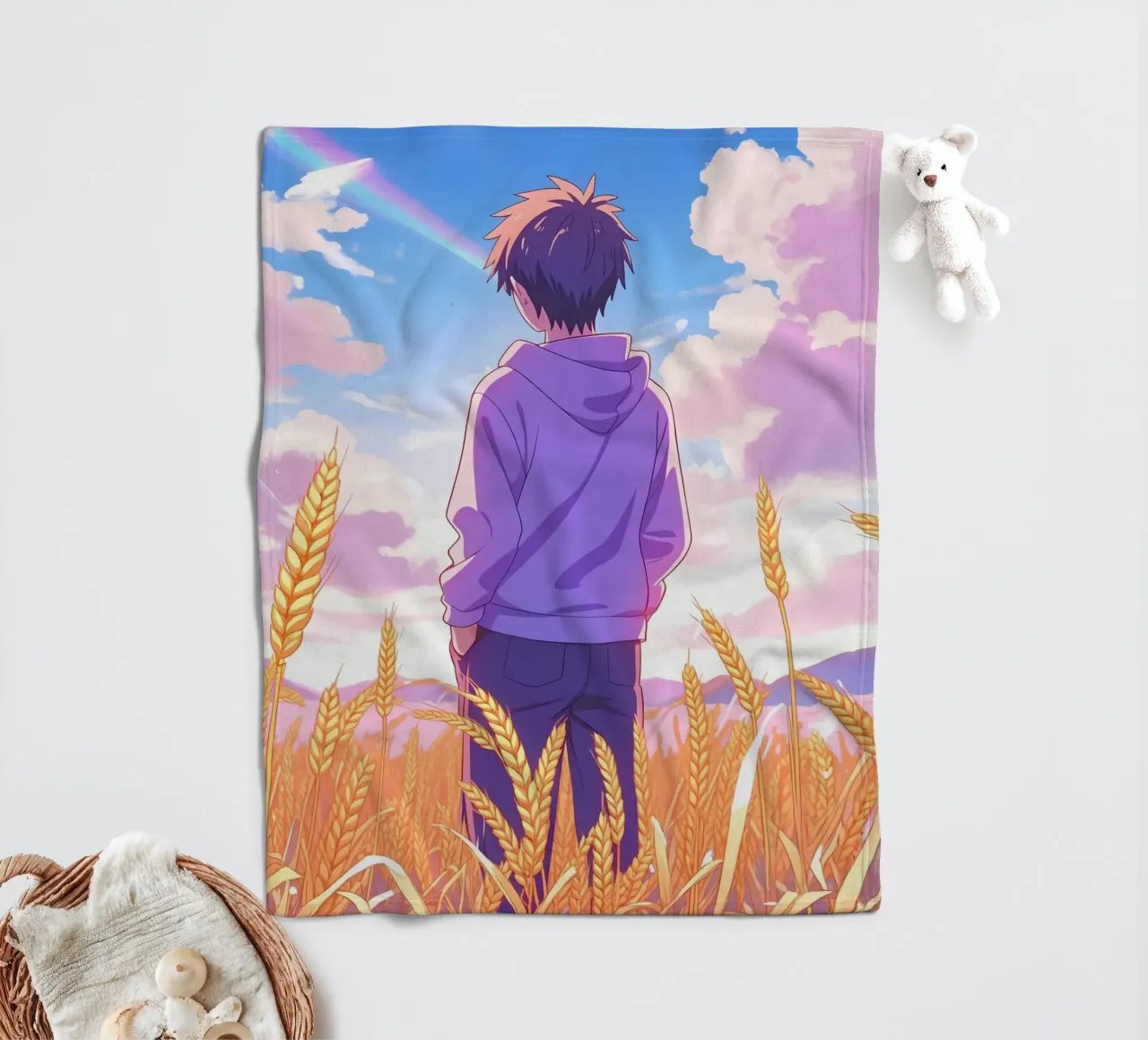 Un ragazzo in piedi in un campo di grano aperto in una giornata di sole Lofi Art coperta in pile da LoFi Gallery