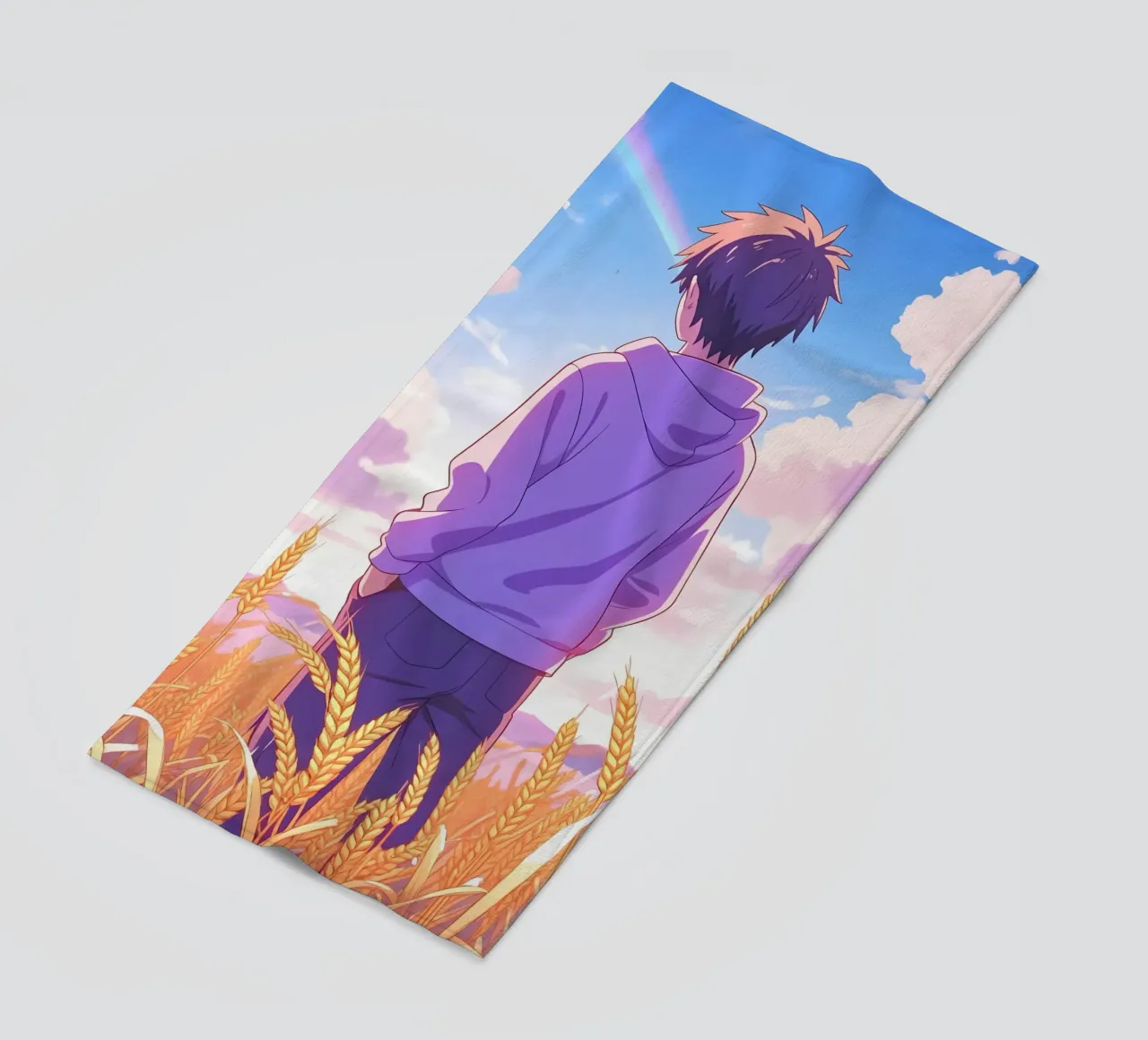 Un ragazzo in piedi in un campo di grano aperto in una giornata di sole Lofi Art telo mare da LoFi Gallery