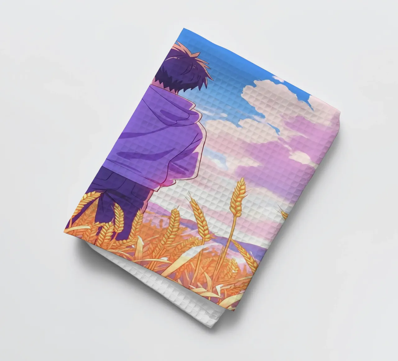 Un ragazzo in piedi in un campo di grano aperto in una giornata di sole Lofi Art canovaccio da cucina da LoFi Gallery