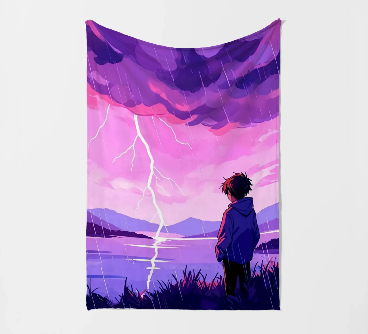 Un ragazzo in piedi a tempesta di fulmini in sera Lofi Art coperta in pile da LoFi Gallery