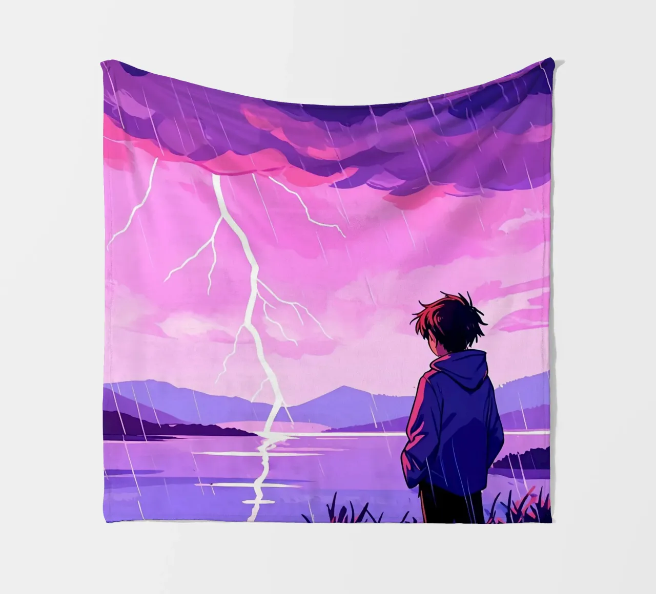 Un ragazzo in piedi a tempesta di fulmini in sera Lofi Art coperta in pile da LoFi Gallery
