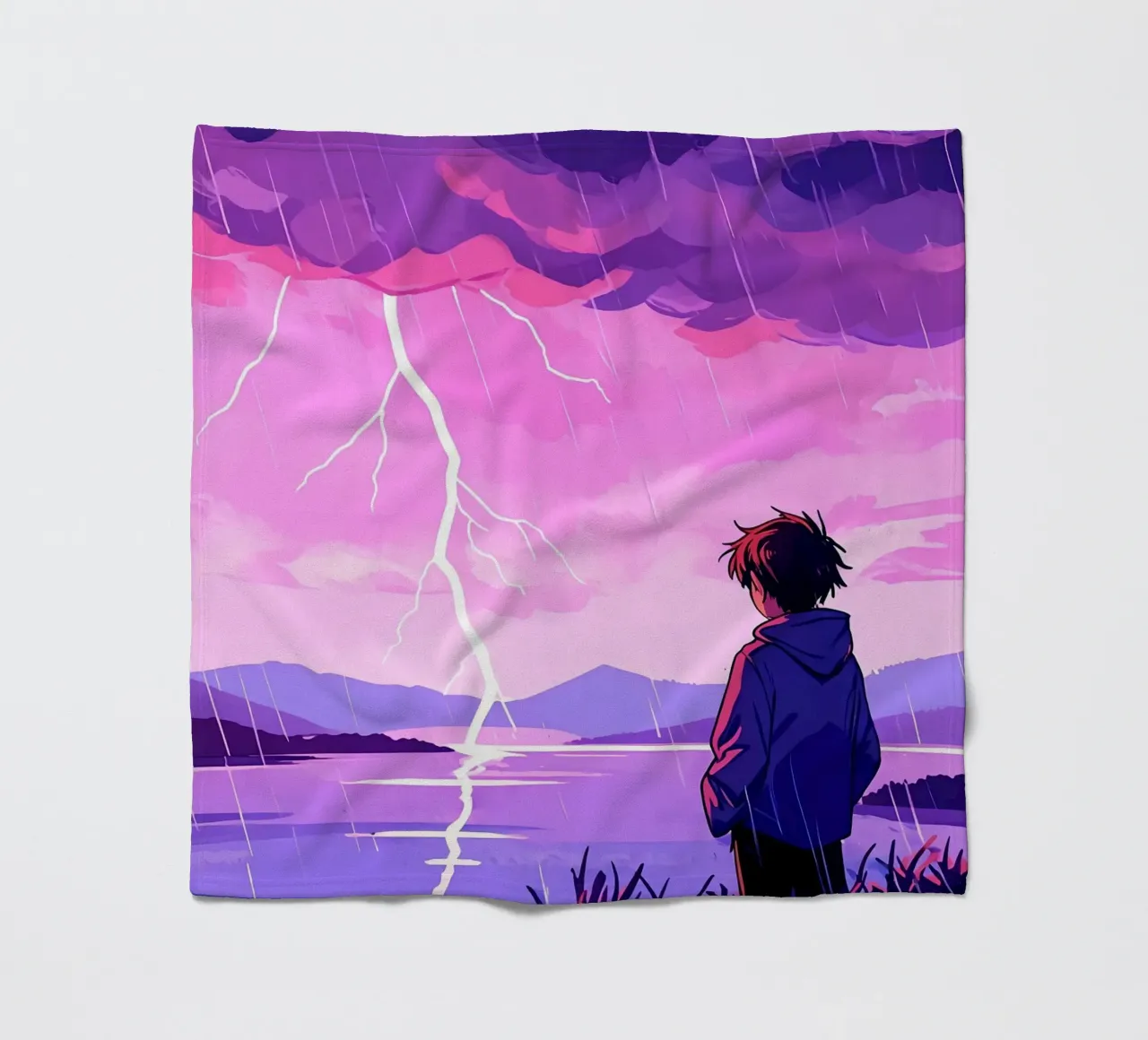 Un ragazzo in piedi a tempesta di fulmini in sera Lofi Art coperta in pile da LoFi Gallery