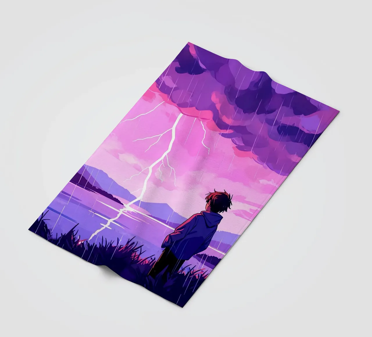 Un ragazzo in piedi a tempesta di fulmini in sera Lofi Art coperta in pile da LoFi Gallery