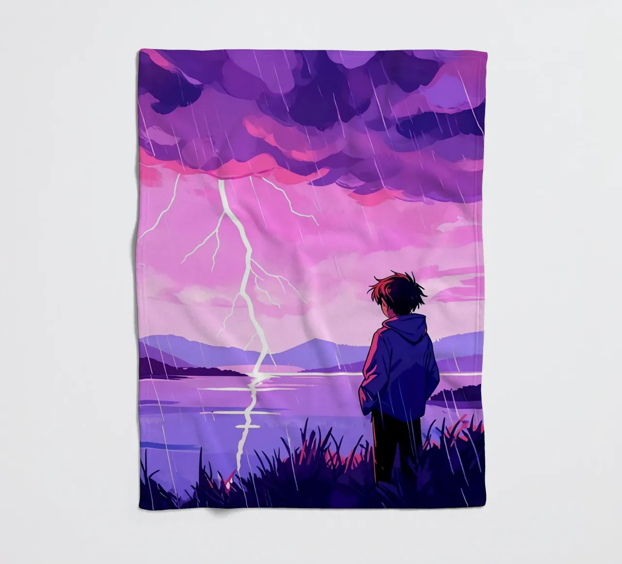 Un ragazzo in piedi a tempesta di fulmini in sera Lofi Art coperta in pile da LoFi Gallery