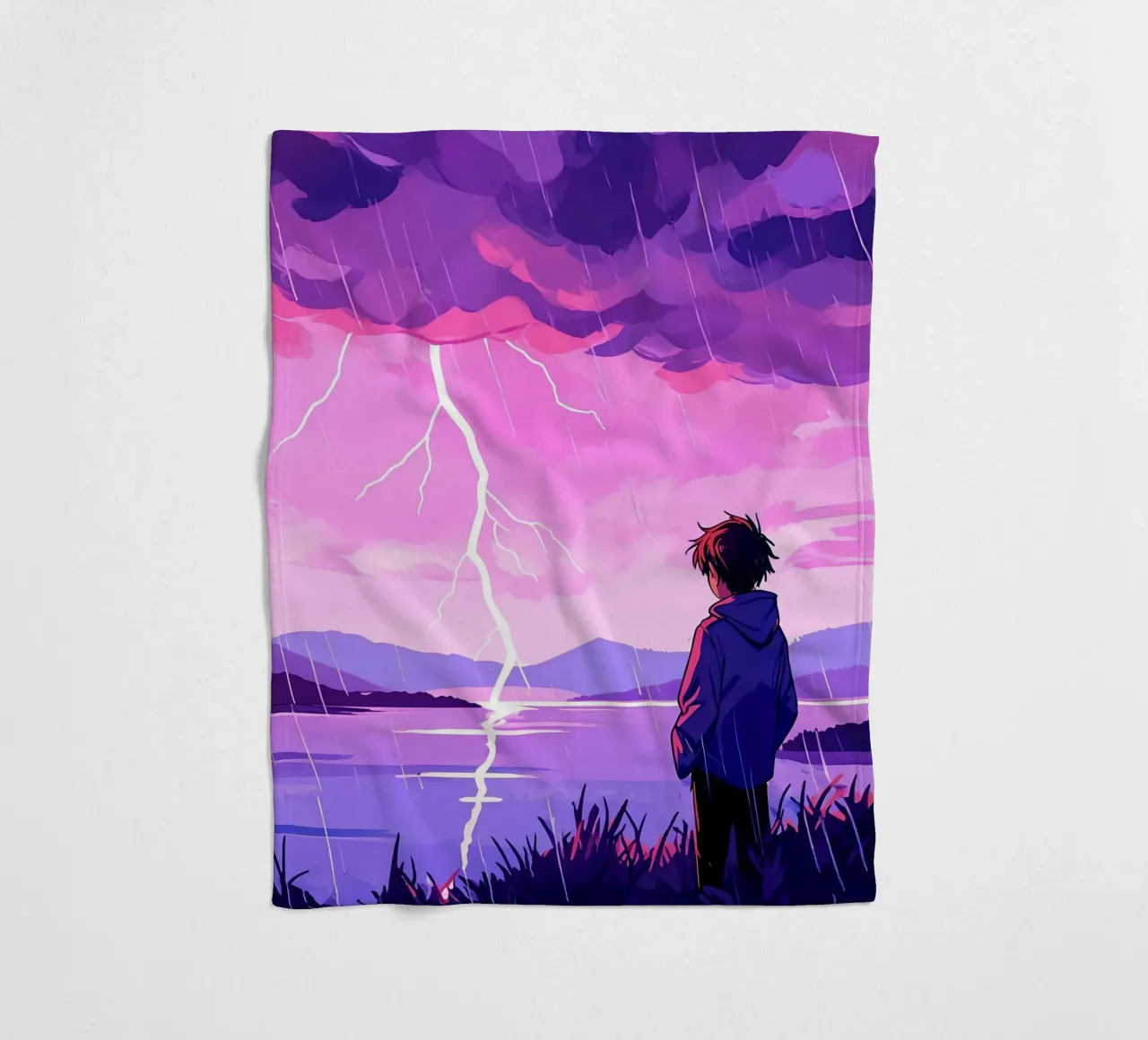 Un ragazzo in piedi a tempesta di fulmini in sera Lofi Art coperta in pile da LoFi Gallery