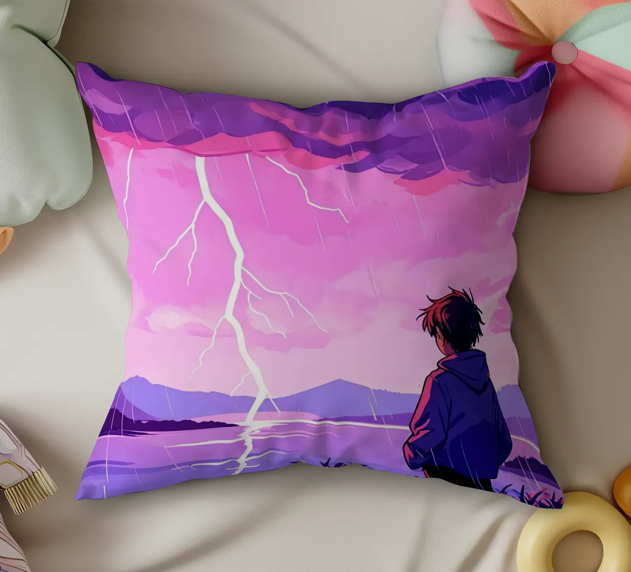 Un ragazzo in piedi a tempesta di fulmini in sera Lofi Art cuscino da LoFi Gallery