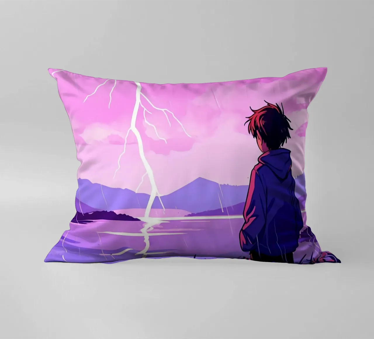 Un ragazzo in piedi a tempesta di fulmini in sera Lofi Art cuscino da LoFi Gallery