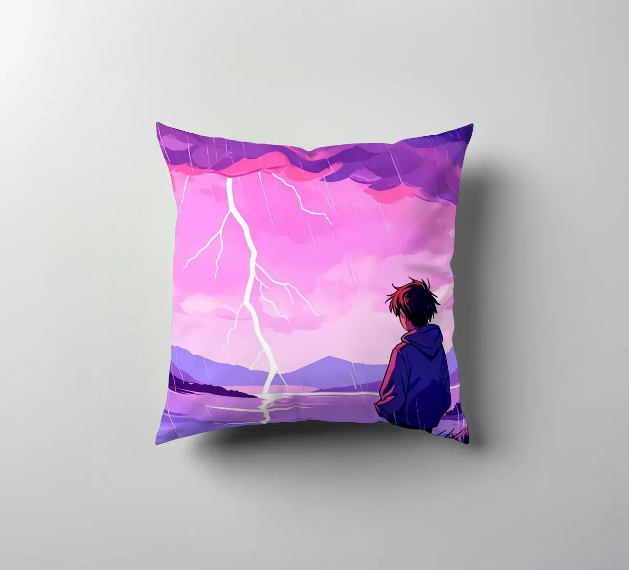 Un ragazzo in piedi a tempesta di fulmini in sera Lofi Art cuscino da LoFi Gallery