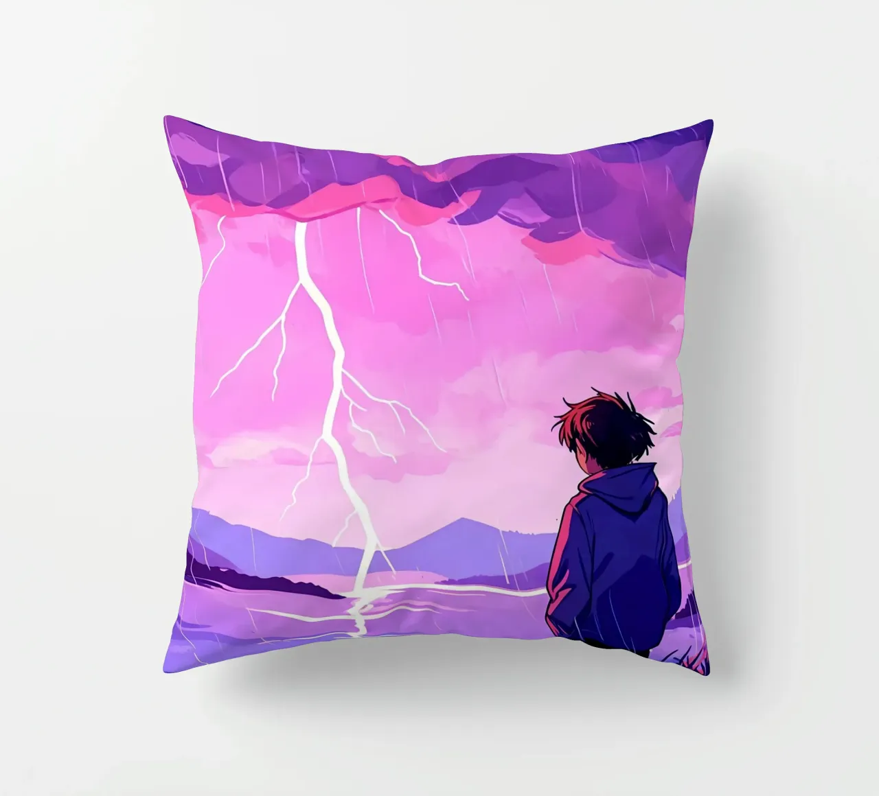 Un ragazzo in piedi a tempesta di fulmini in sera Lofi Art cuscino da LoFi Gallery