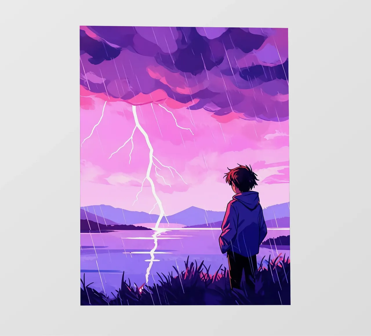 Un ragazzo in piedi a tempesta di fulmini in sera Lofi Art pellicola backlit da LoFi Gallery