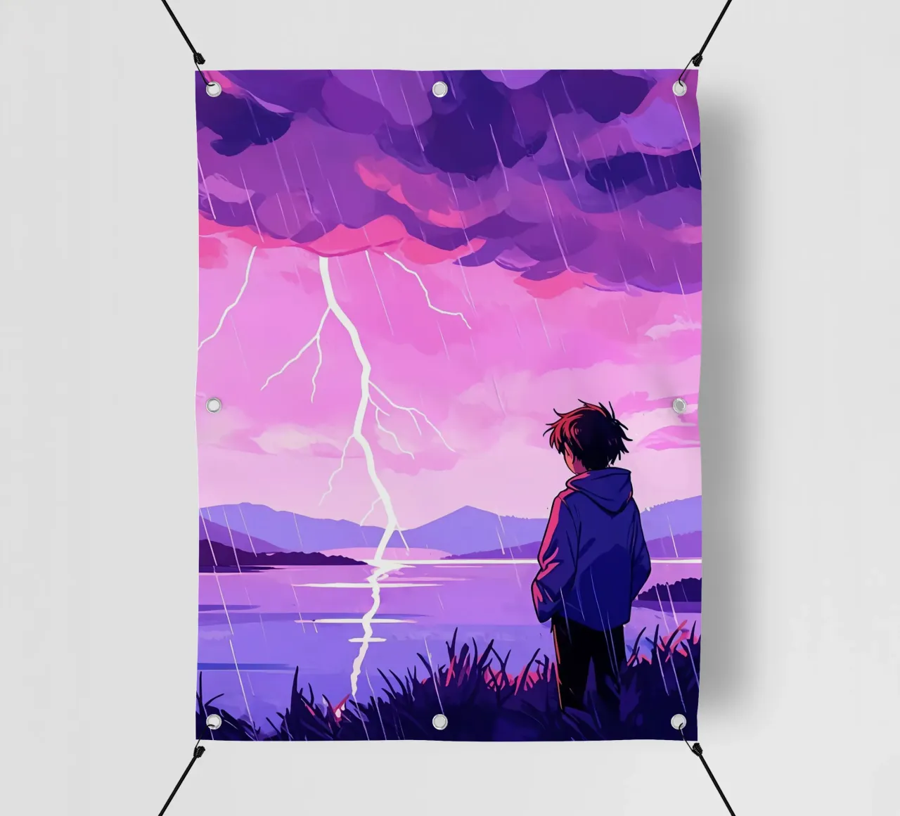 Un ragazzo in piedi a tempesta di fulmini in sera Lofi Art telo in pvc da LoFi Gallery