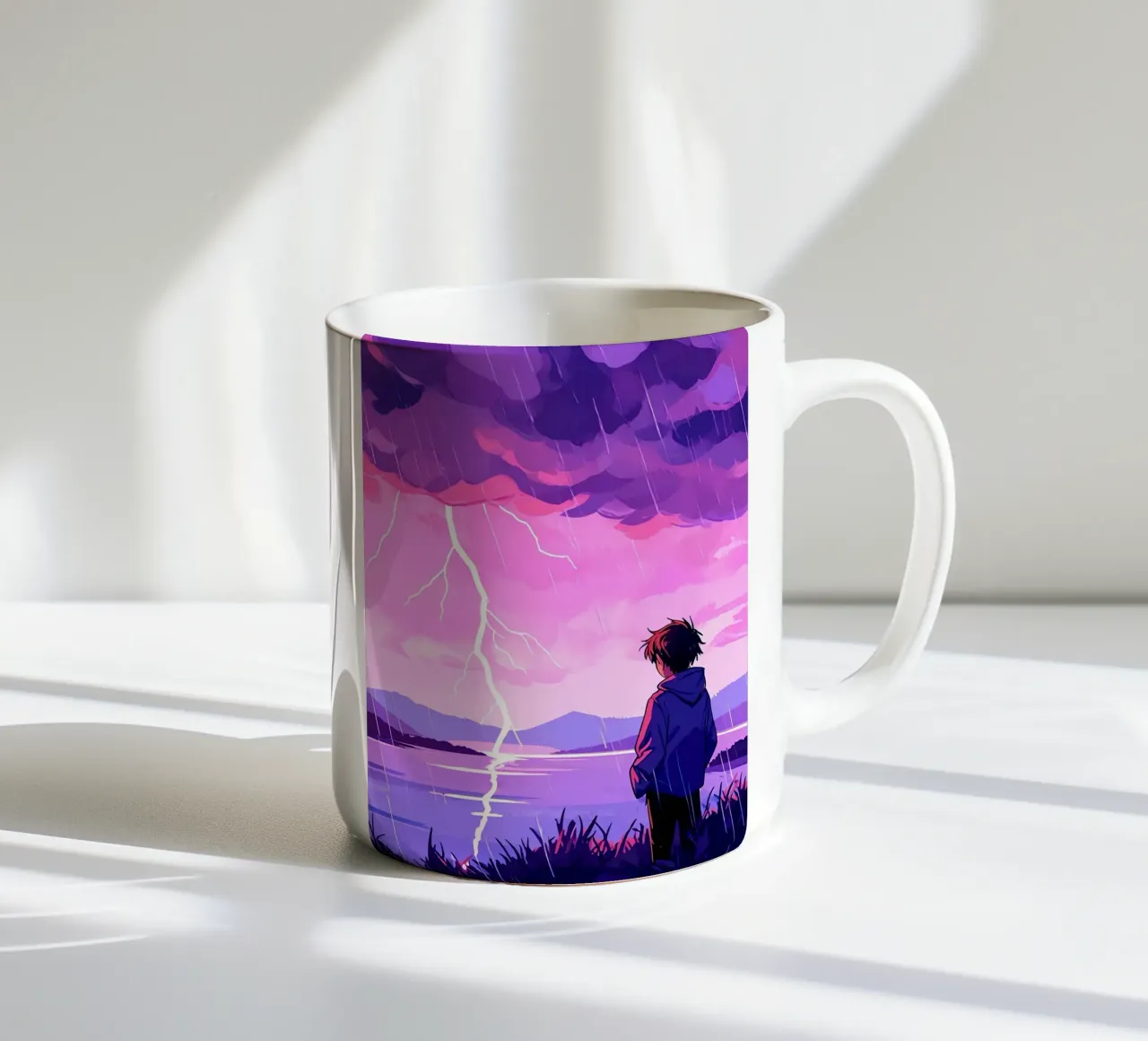 Un ragazzo in piedi a tempesta di fulmini in sera Lofi Art tazza in ceramica da LoFi Gallery
