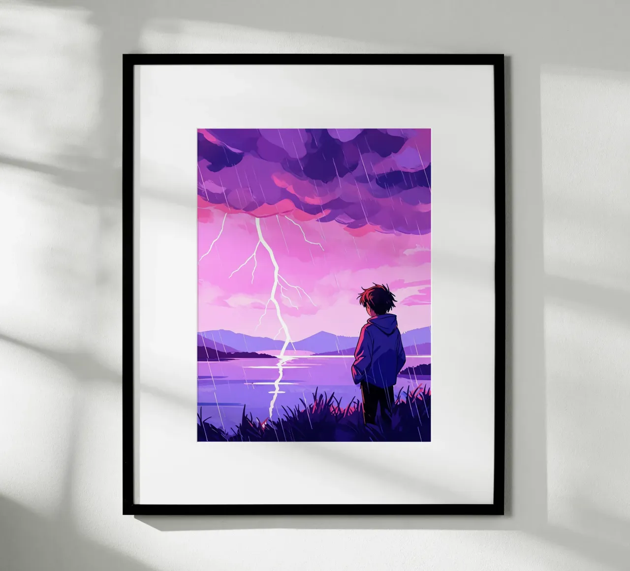 Ein Junge steht vor einem Gewitter am Abend Lofi Art Poster mit Aluminium Rahmen von LoFi Gallery