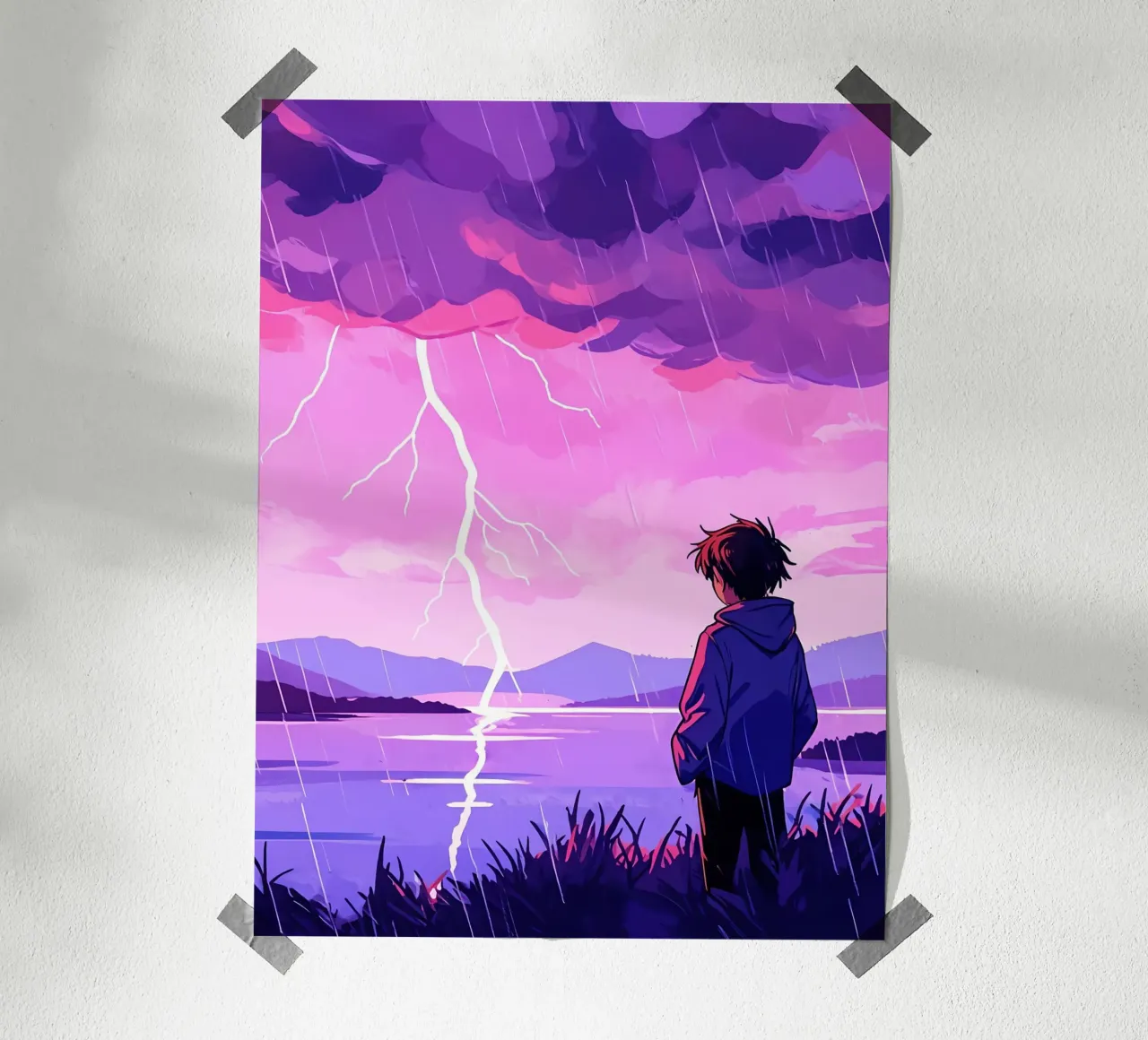 Ein Junge steht vor einem Gewitter am Abend Lofi Art Poster mit Aluminium Rahmen von LoFi Gallery