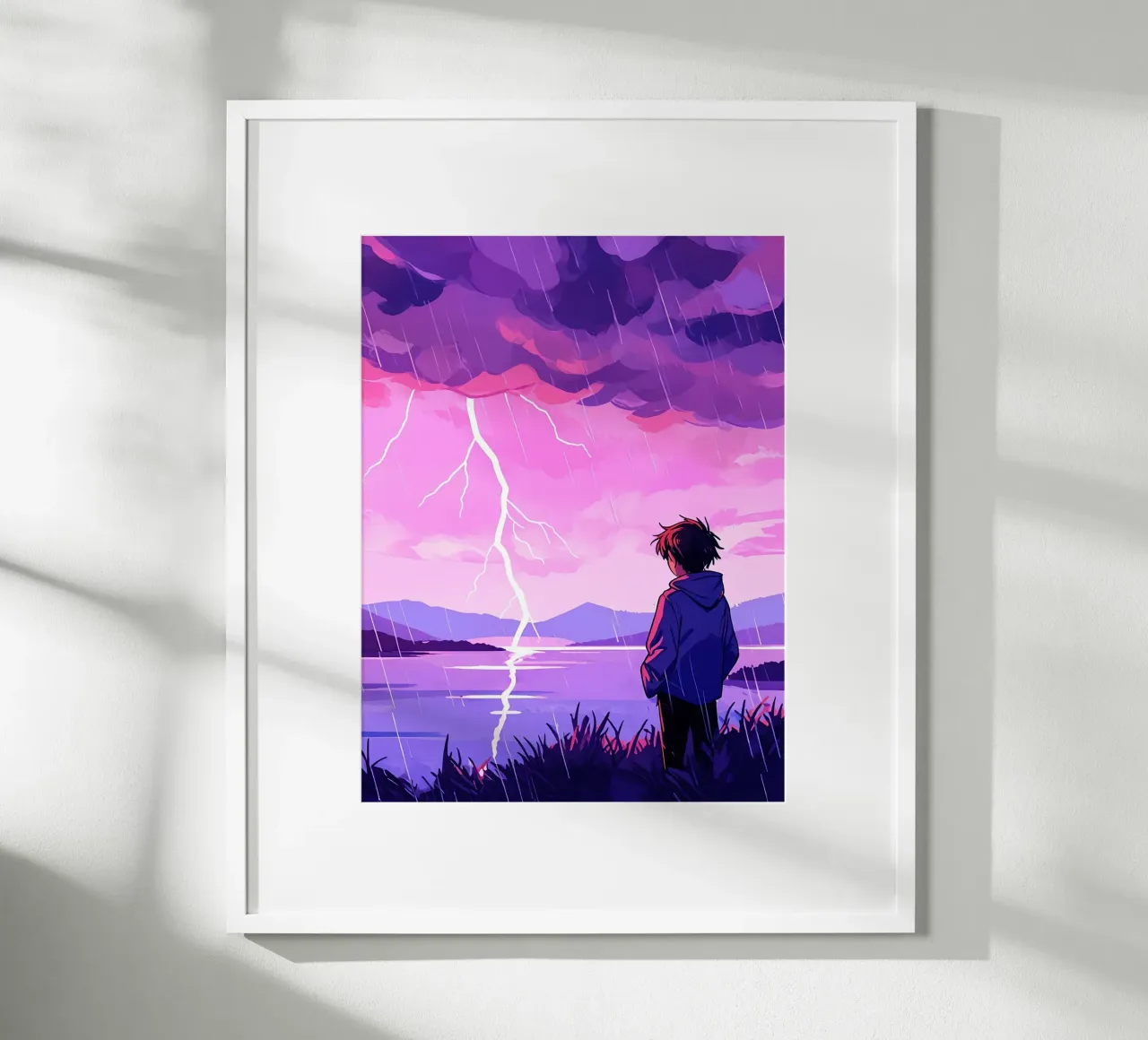 Ein Junge steht vor einem Gewitter am Abend Lofi Art Poster mit Aluminium Rahmen von LoFi Gallery