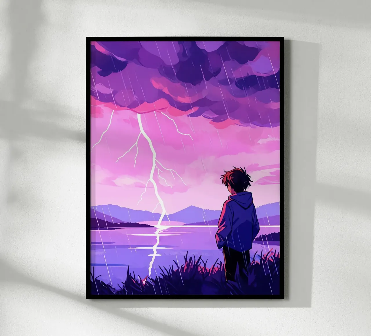 Ein Junge steht vor einem Gewitter am Abend Lofi Art Poster mit Aluminium Rahmen von LoFi Gallery