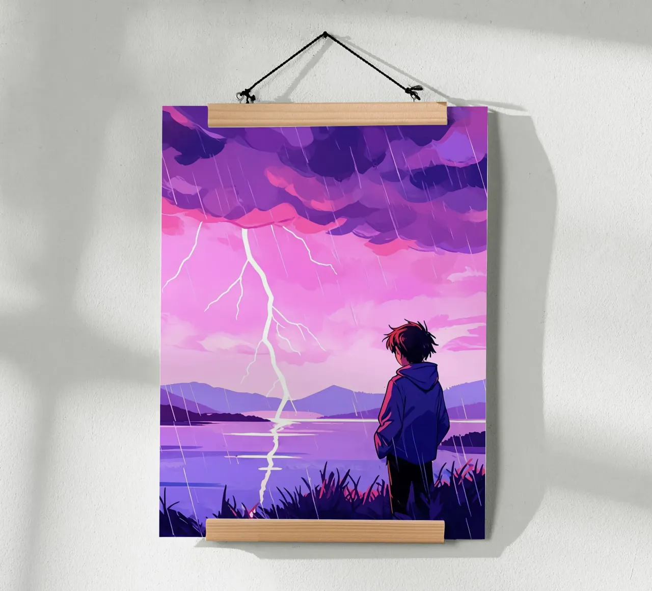 Ein Junge steht vor einem Gewitter am Abend Lofi Art Poster mit Aluminium Rahmen von LoFi Gallery