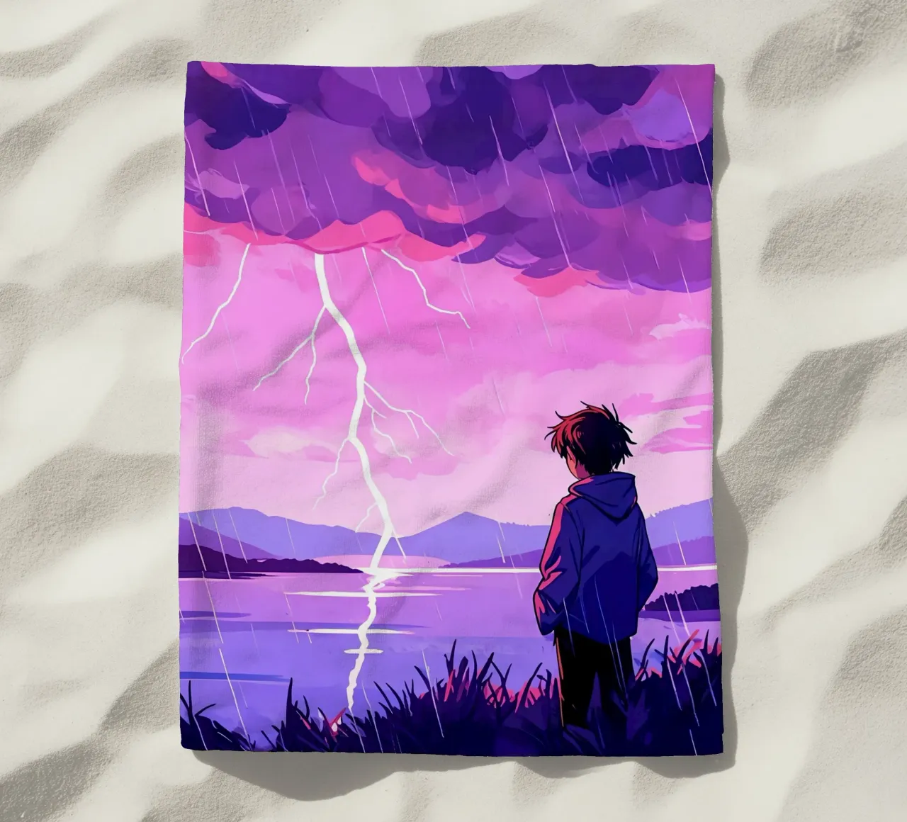 Un ragazzo in piedi a tempesta di fulmini in sera Lofi Art telo mare da LoFi Gallery