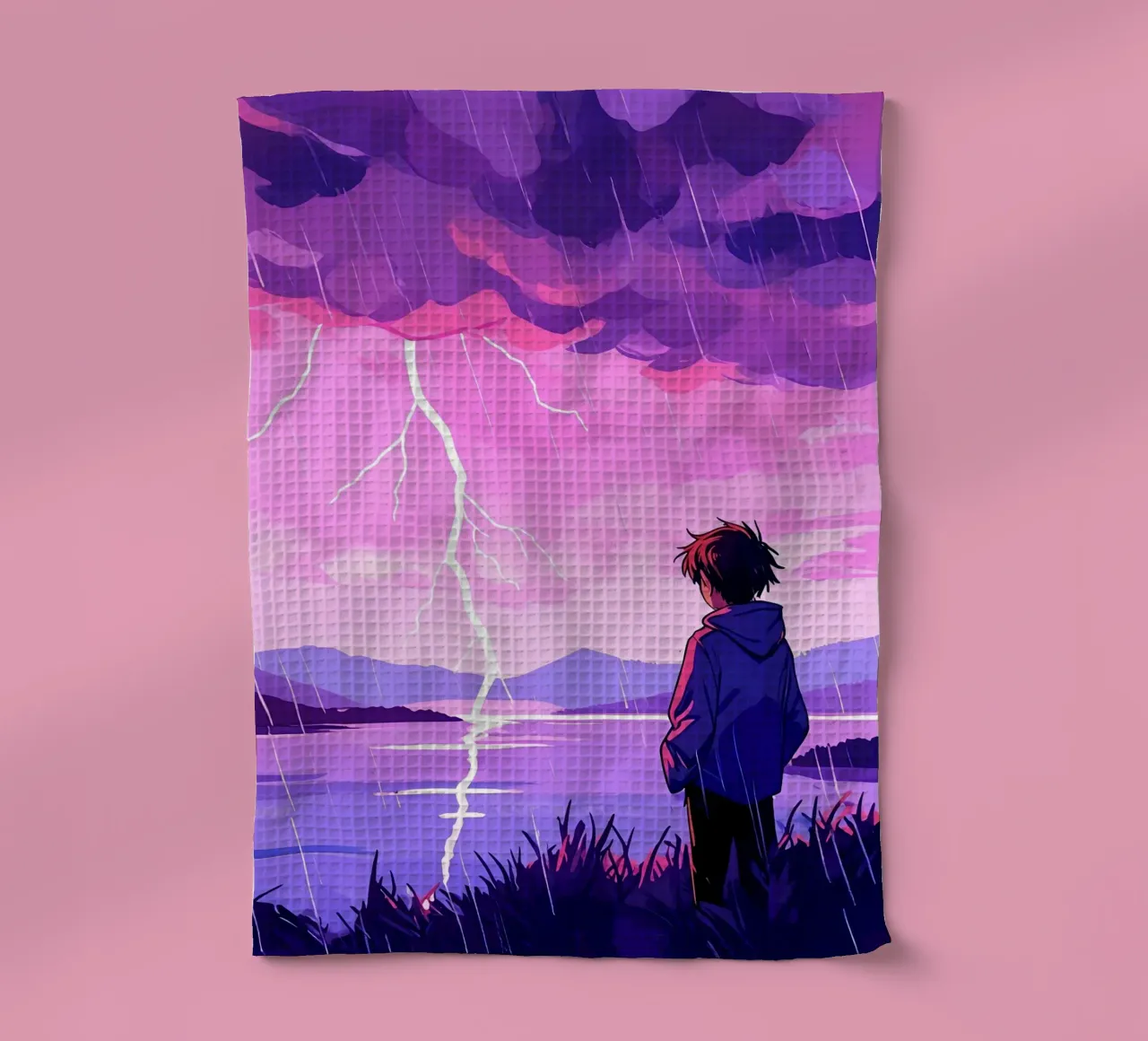 Garçon debout devant un orage en soirée Lofi Art torchon de LoFi Gallery