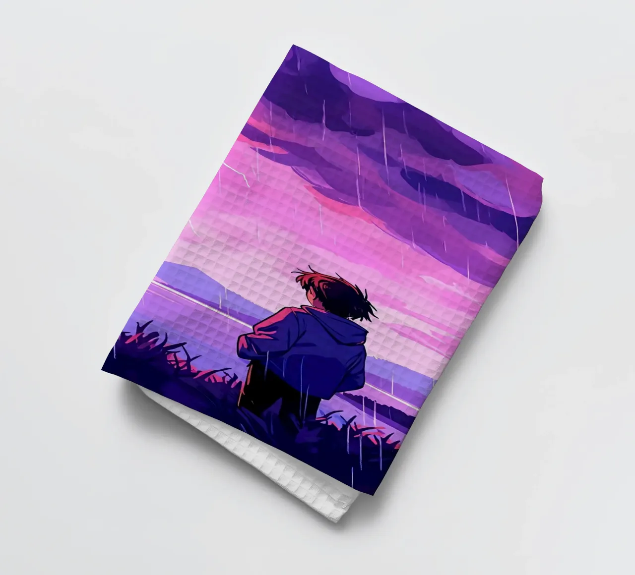 Garçon debout devant un orage en soirée Lofi Art torchon de LoFi Gallery