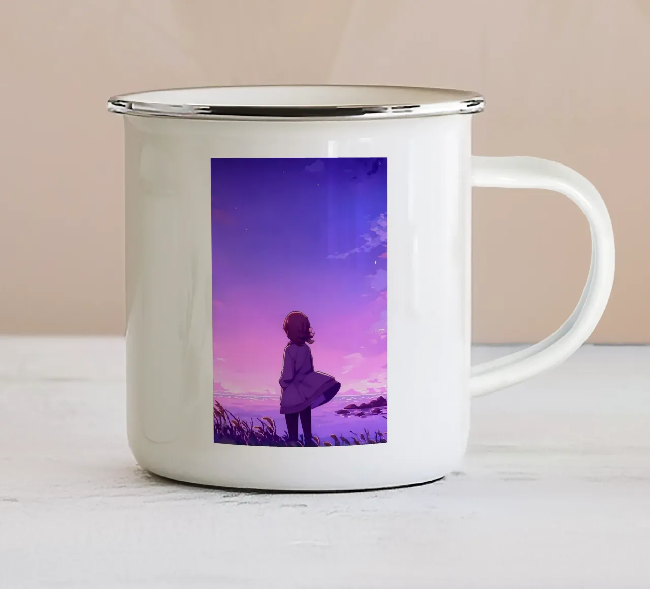 Una ragazza in piedi al lato dell'oceano prato in sera Lofi Art tazza in smalto da LoFi Gallery