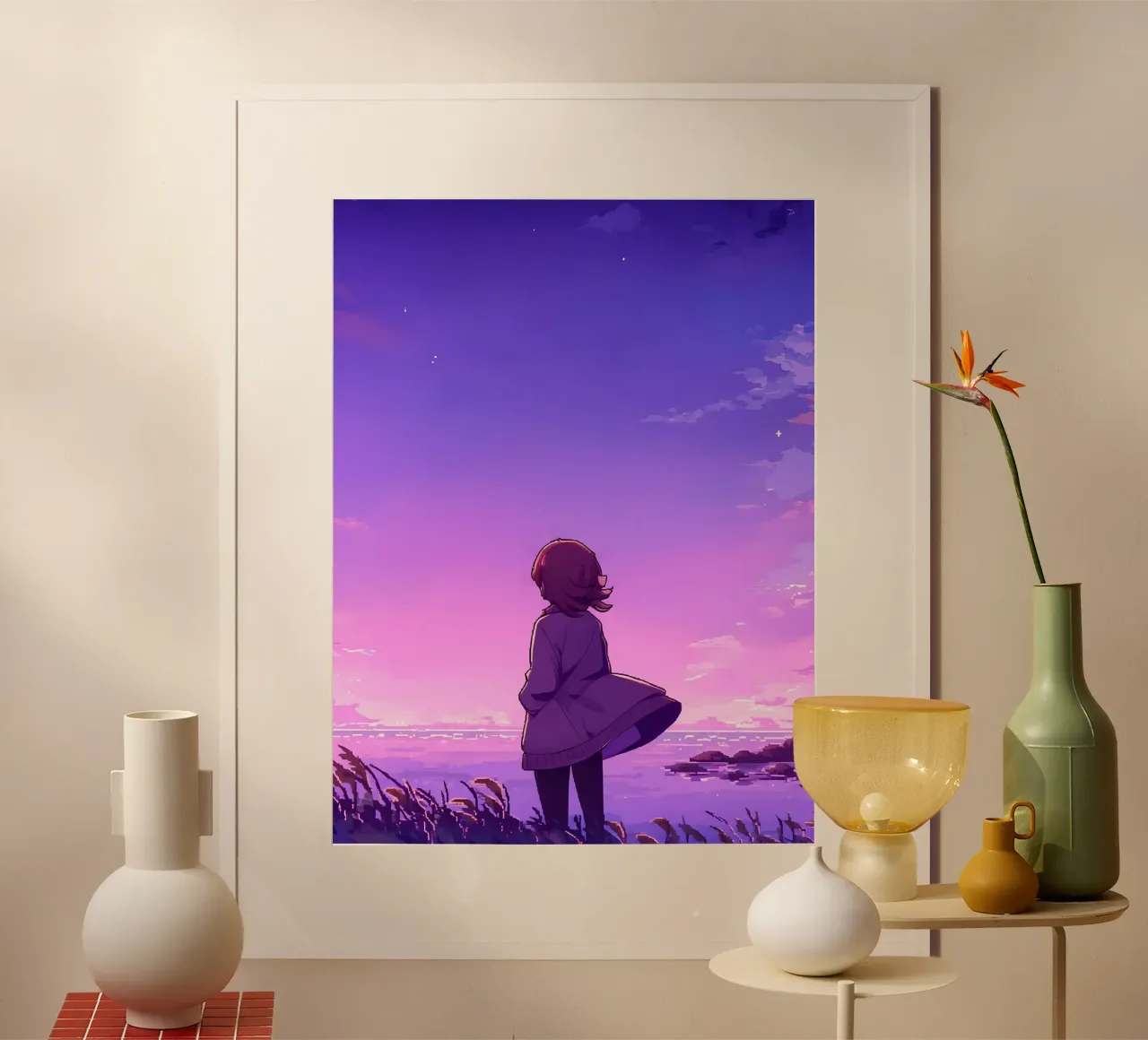 Ein Mädchen stehend am Meer Seite Grasland in Abend Lofi Kunst Poster von LoFi Gallery