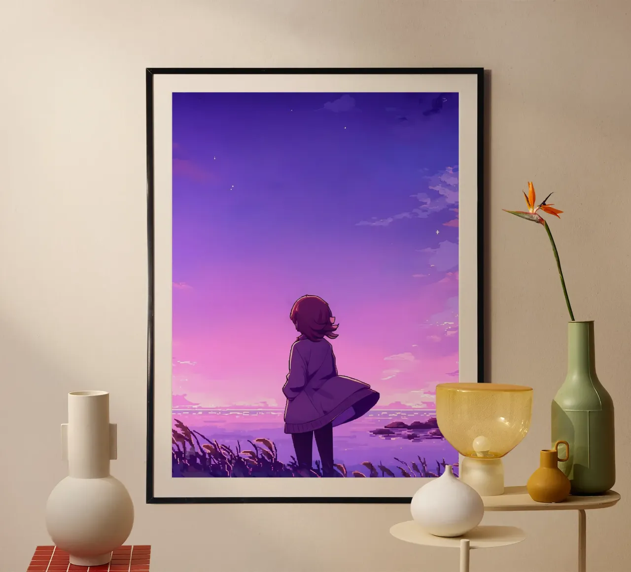 Une fille debout au bord de l'océan dans une prairie en soirée Lofi Art poster avec cadre en aluminium de LoFi Gallery