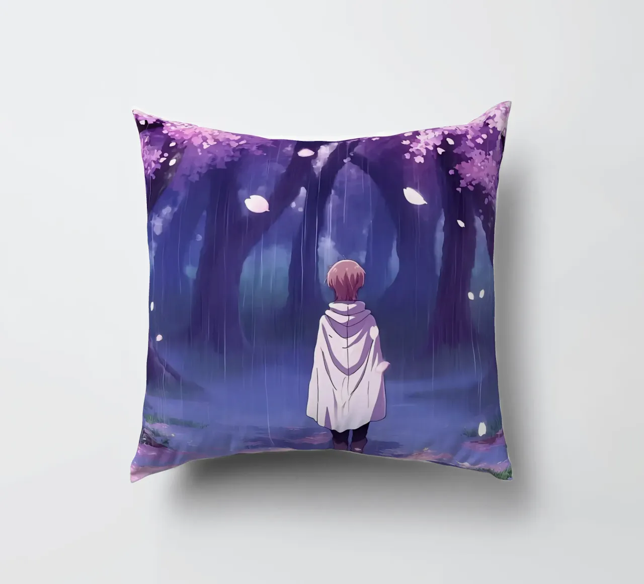 Un ragazzo che cammina tra gli alberi di ciliegio in fiore Lofi Art cuscino da LoFi Gallery