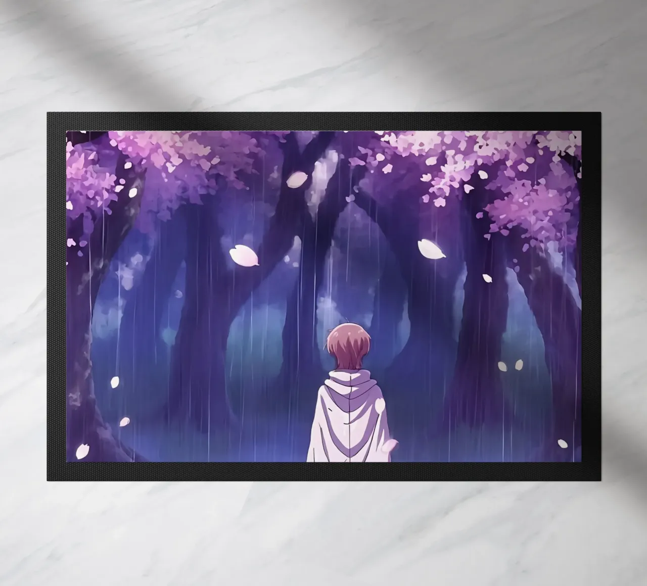 Un ragazzo che cammina tra gli alberi di ciliegio in fiore Lofi Art zerbino da LoFi Gallery