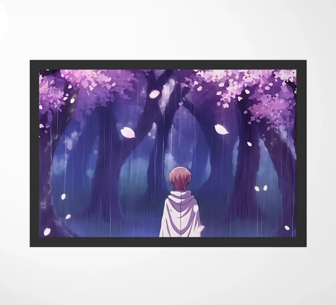Un ragazzo che cammina tra gli alberi di ciliegio in fiore Lofi Art zerbino da LoFi Gallery