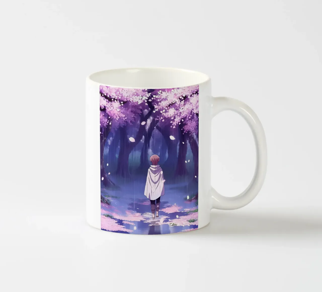 Un ragazzo che cammina tra gli alberi di ciliegio in fiore Lofi Art tazza in ceramica da LoFi Gallery